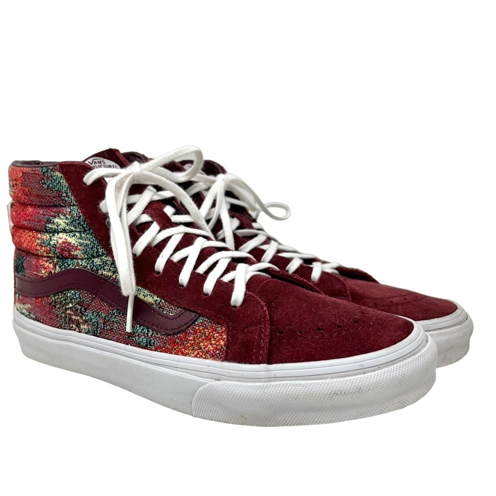 Vans Old Skool Sk8-Hi Italian Weave Red Suede Tapestry High Top Indie Boho Artsy